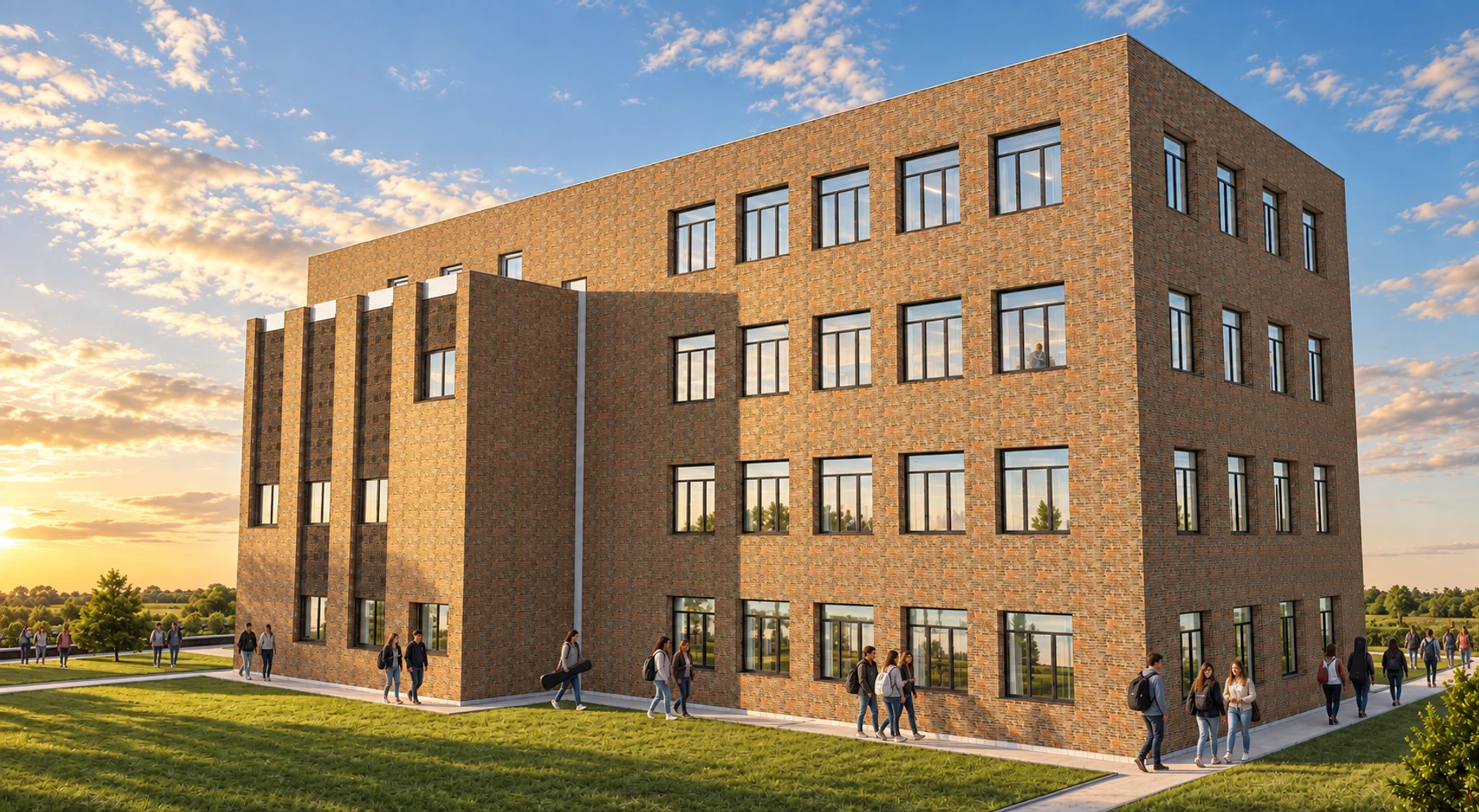 Students walking along the rear brick school facade.