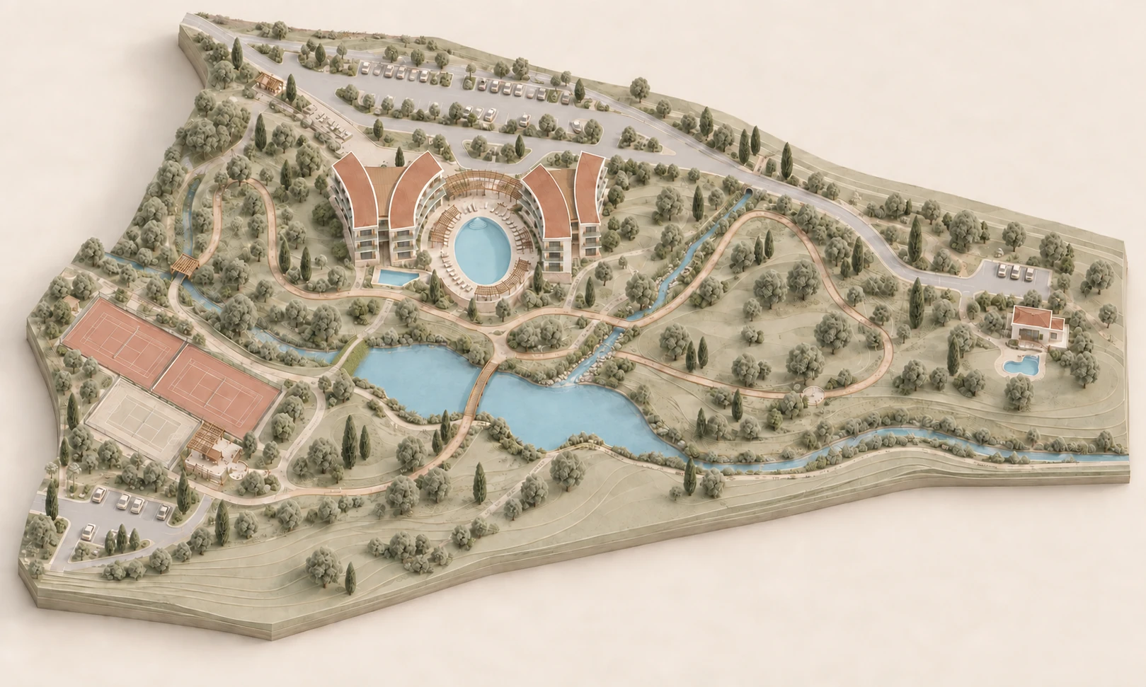 Conceptual overview of the hotel complex, shared pools, arrival area and recreation landscape.